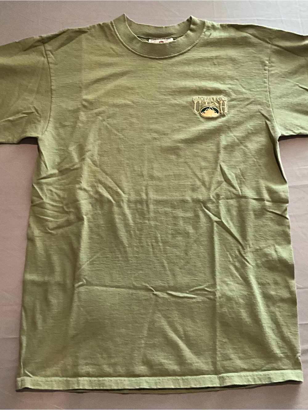 Vintage Salt Lake City Utah T Shirt “Khaki Green” Sz Large Embroidered Logo